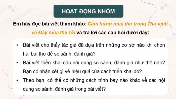 Giáo án điện tử Ngữ văn 12 kết nối Bài 2: Viết bài văn nghị luận so sánh, đánh giá hai tác phẩm thơ