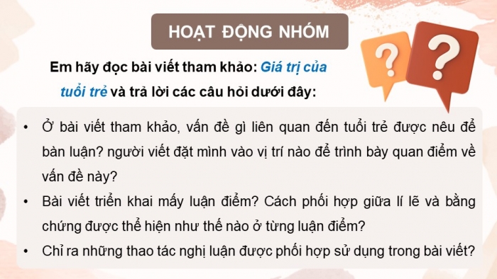 Giáo án điện tử Ngữ văn 12 kết nối Bài 3: Viết bài văn nghị luận về một vấn đề liên quan đến tuổi trẻ (những hoài bão, ước mơ)