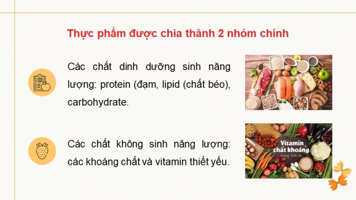 Giáo án điện tử Công nghệ 9 Chế biến thực phẩm Cánh diều Bài 1: Vai trò của các chất dinh dưỡng trong thực phẩm