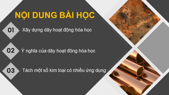 Giáo án điện tử KHTN 9 chân trời - Phân môn Hoá học Bài 17: Dãy hoạt động hóa học của kim loại. Một số phương pháp tách kim loại