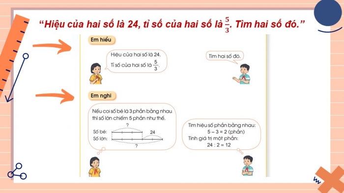 Giáo án điện tử Toán 5 cánh diều Bài 8: Tìm hai số khi biết hiệu và tỉ số của hai số đó