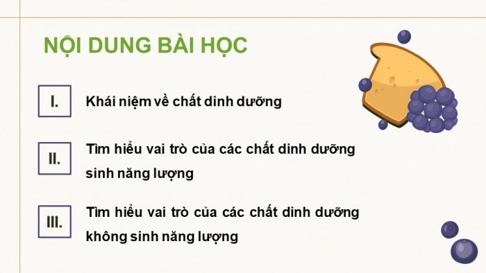 Giáo án điện tử Công nghệ 9 Chế biến thực phẩm Cánh diều Bài 1: Vai trò của các chất dinh dưỡng trong thực phẩm