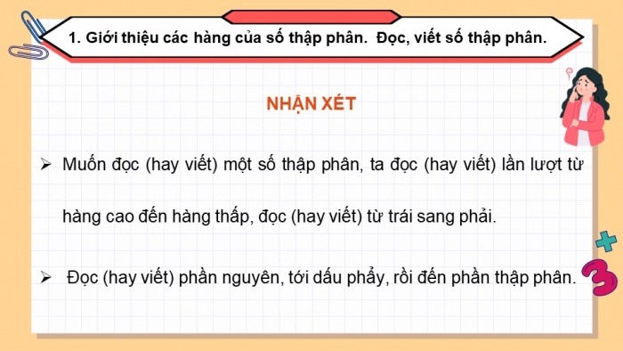 Giáo án điện tử Toán 5 chân trời Bài 19: Hàng của số thập phân. Đọc, viết số thập phân