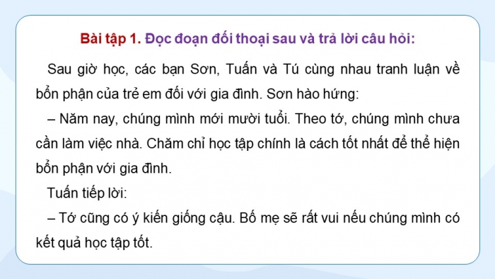 Giáo án điện tử Tiếng Việt 5 chân trời Bài 6: Tranh luận theo chủ đề Bổn phận của trẻ em