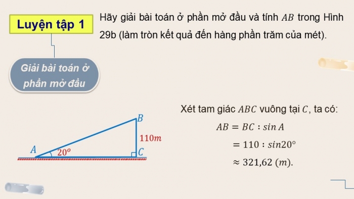 Giáo án điện tử Toán 9 cánh diều Bài 3: Ứng dụng của tỉ số lượng giác của góc nhọn