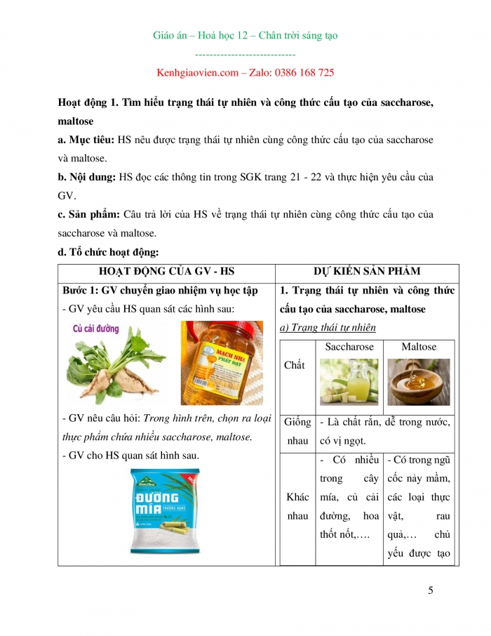 Giáo án và PPT Hoá học 12 chân trời bài 4: Saccharose và maltose