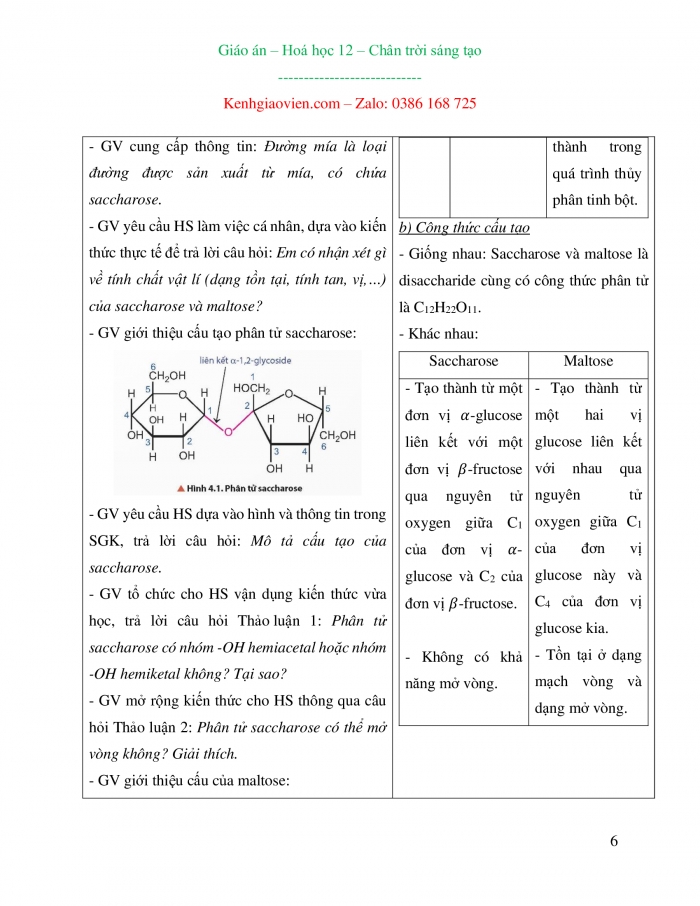 Giáo án và PPT Hoá học 12 chân trời bài 4: Saccharose và maltose