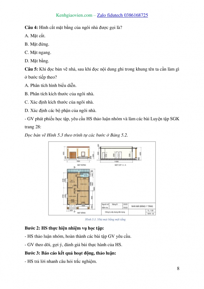 Giáo án và PPT Công nghệ 8 cánh diều Bài 5: Bản vẽ nhà