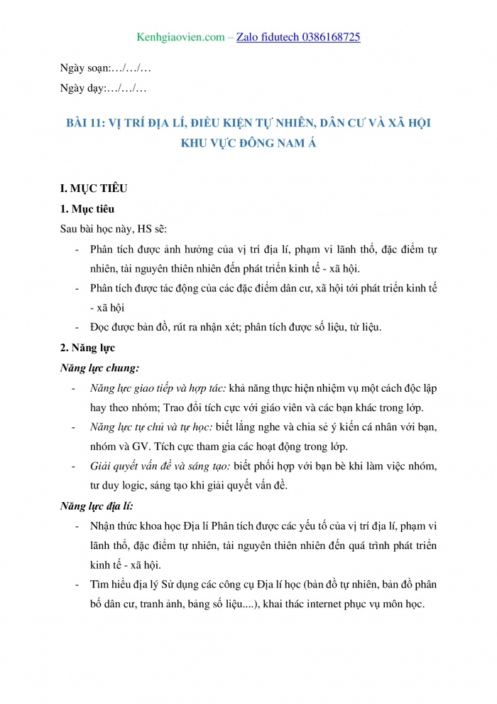 Giáo án và PPT Địa lí 11 kết nối Bài 11: Vị trí địa lí, điều kiện tự nhiên, dân cư và xã hội khu vực Đông Nam Á