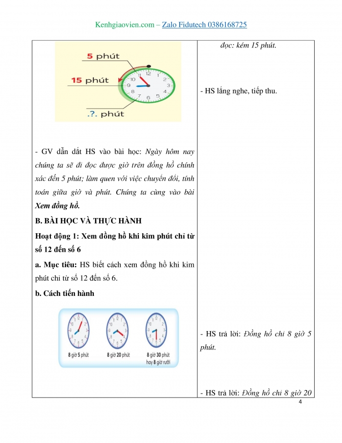 Giáo án và PPT Toán 3 chân trời bài Xem đồng hồ