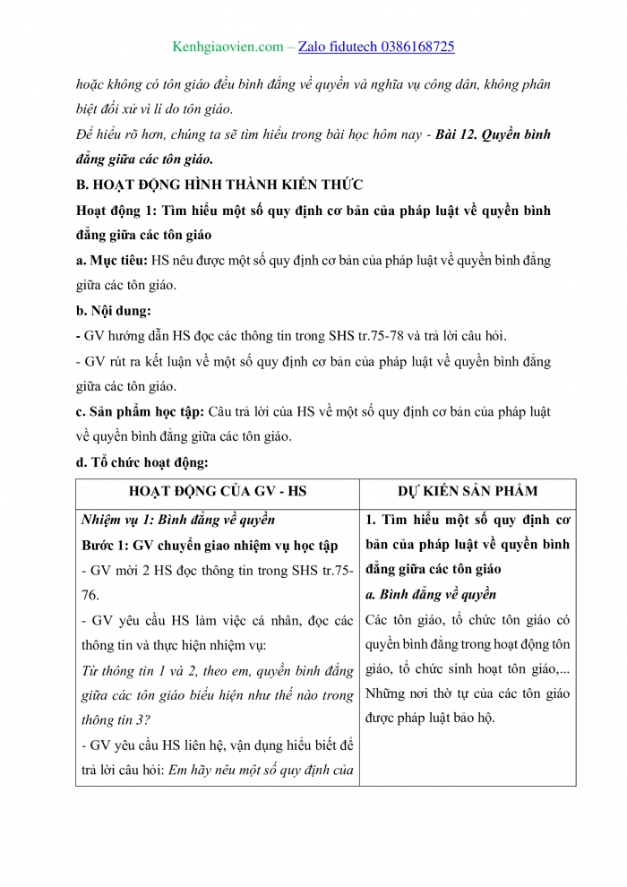 Giáo án và PPT Kinh tế pháp luật 11 kết nối Bài 12: Quyền bình đẳng giữa các tôn giáo