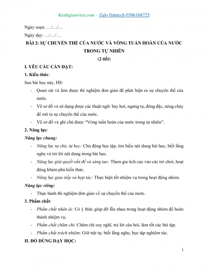 Giáo án và PPT Khoa học 4 kết nối Bài 2: Sự chuyển thể của nước và vòng tuần hoàn của nước trong tự nhiên
