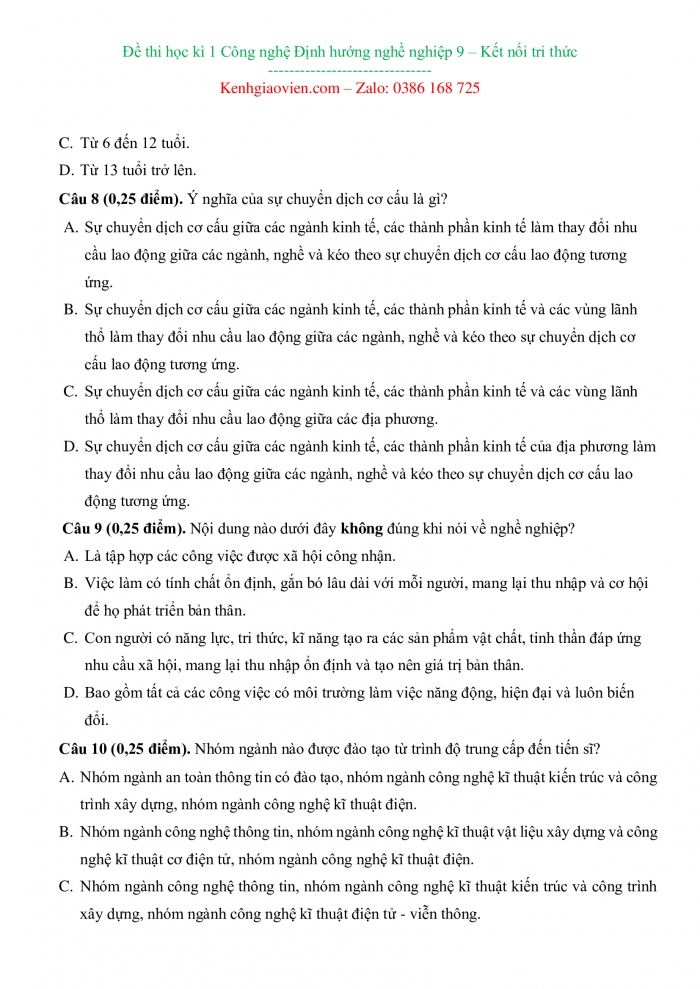 Đề thi Công nghệ 9 - Định hướng nghề nghiệp kết nối tri thức có ma trận