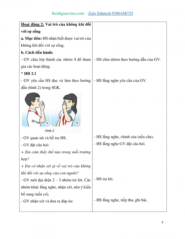 Giáo án và PPT Khoa học 4 kết nối Bài 5: Vai trò của không khí và bảo vệ bầu không khí trong lành