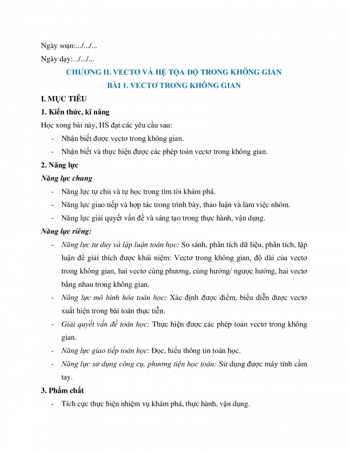 Giáo án và PPT Toán 12 chân trời bài 1: Vectơ và các phép toán trong không gian