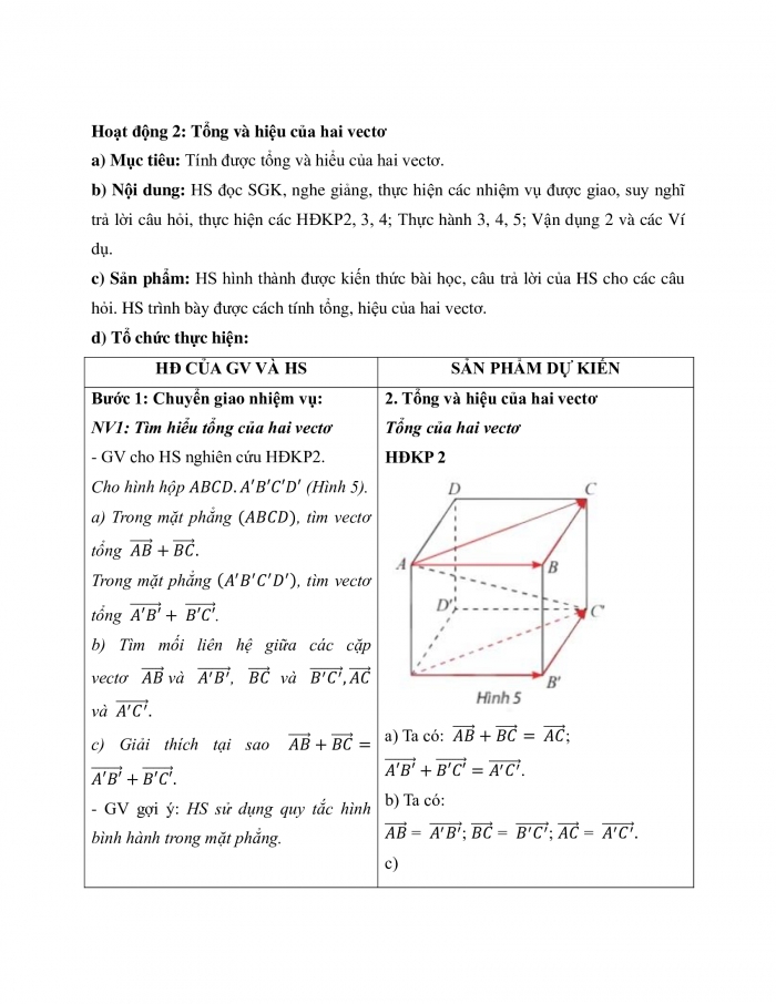 Giáo án và PPT Toán 12 chân trời bài 1: Vectơ và các phép toán trong không gian