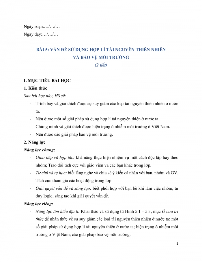 Giáo án và PPT Địa lí 12 chân trời bài 5: Vấn đề sử dụng hợp lí tài nguyên thiên nhiên và bảo vệ môi trường