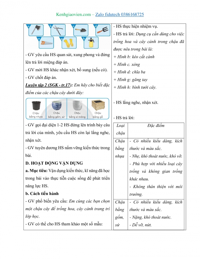 Giáo án và PPT Công nghệ 4 chân trời Bài 2: Vật liệu, dụng cụ trồng hoa và cây cảnh trong chậu