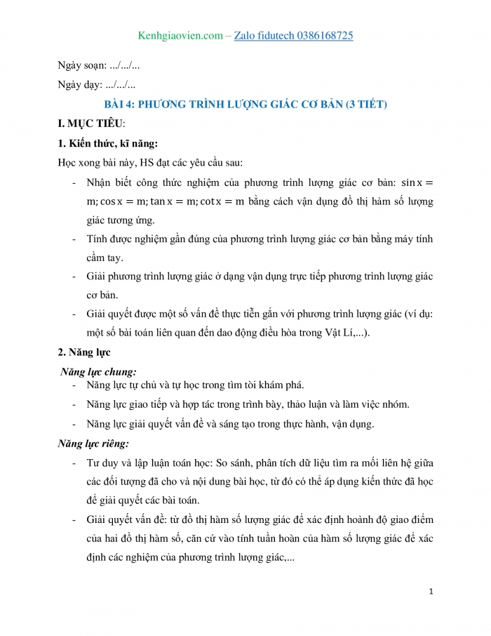 Giáo án và PPT Toán 11 cánh diều Bài 4: Phương trình lượng giác cơ bản