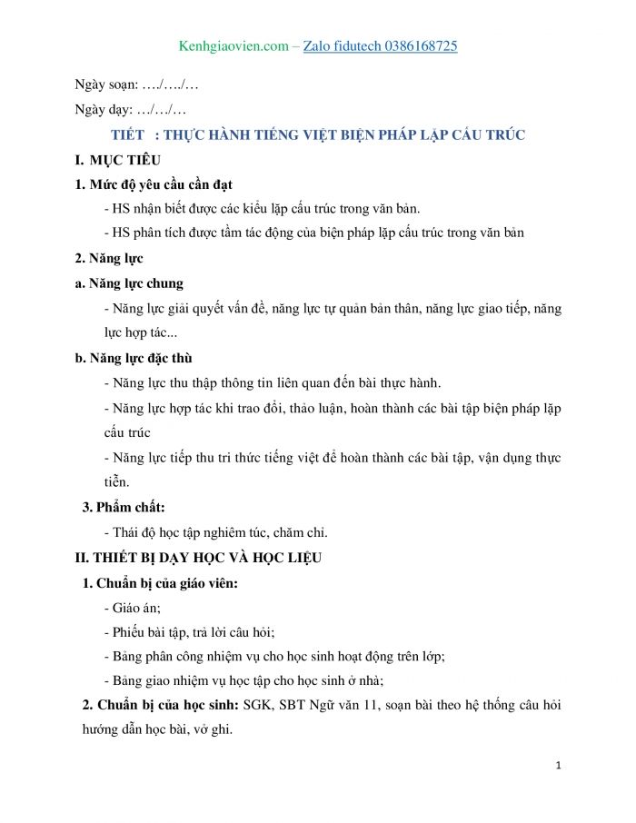 Giáo án và PPT Ngữ văn 11 cánh diều Bài 1: Biện pháp lặp cấu trúc