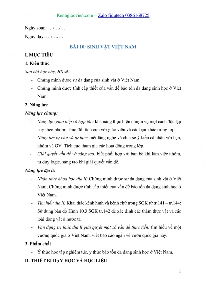 Giáo án và PPT Địa lí 8 kết nối Bài 10: Sinh vật Việt Nam
