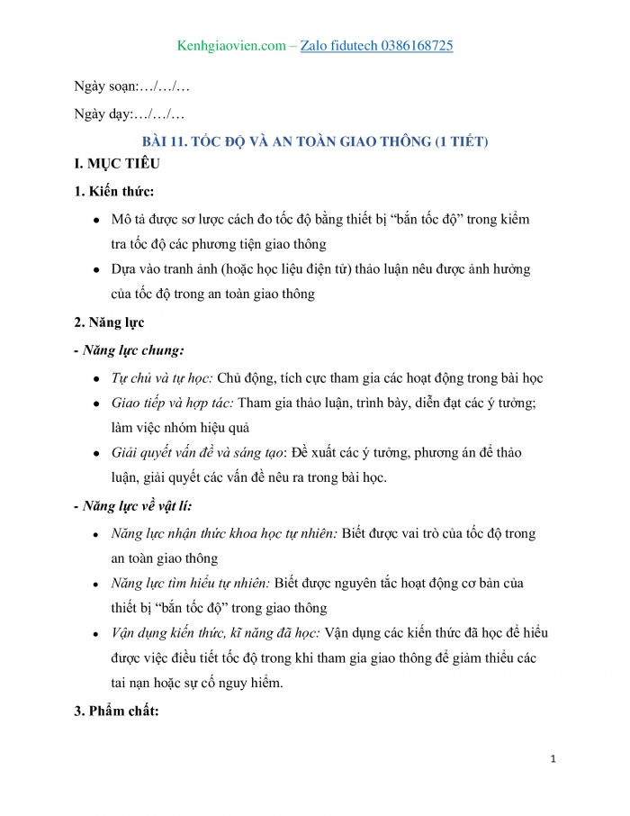 Giáo án và PPT KHTN 7 chân trời Bài 11: Tốc độ và an toàn giao thông