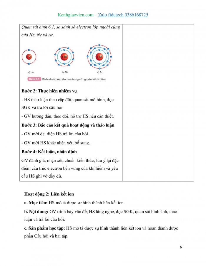 Giáo án và PPT KHTN 7 kết nối Bài 6: Giới thiệu về liên kết hoá học