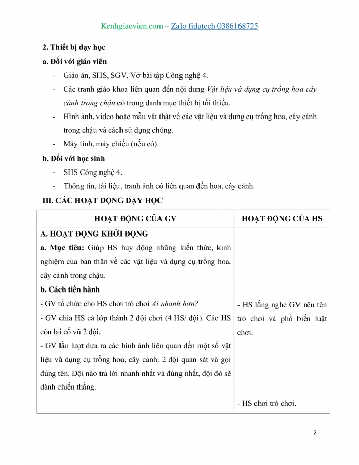 Giáo án và PPT Công nghệ 4 kết nối Bài 3: Vật liệu và dụng cụ trồng hoa, cây cảnh trong chậu