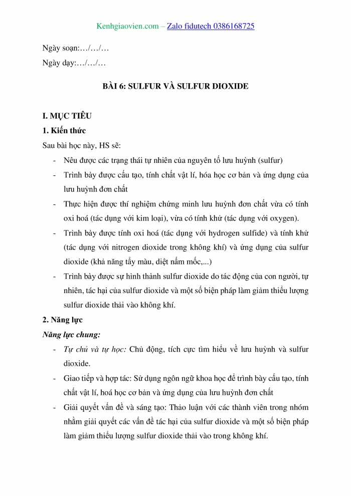 Giáo án và PPT Hoá học 11 chân trời Bài 6: Sulfur và sulfur dioxide