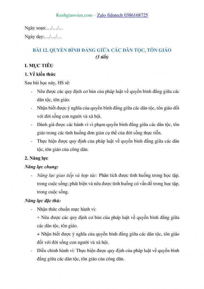 Giáo án và PPT Kinh tế pháp luật 11 chân trời Bài 12: Quyền bình đẳng giữa các dân tộc, tôn giáo