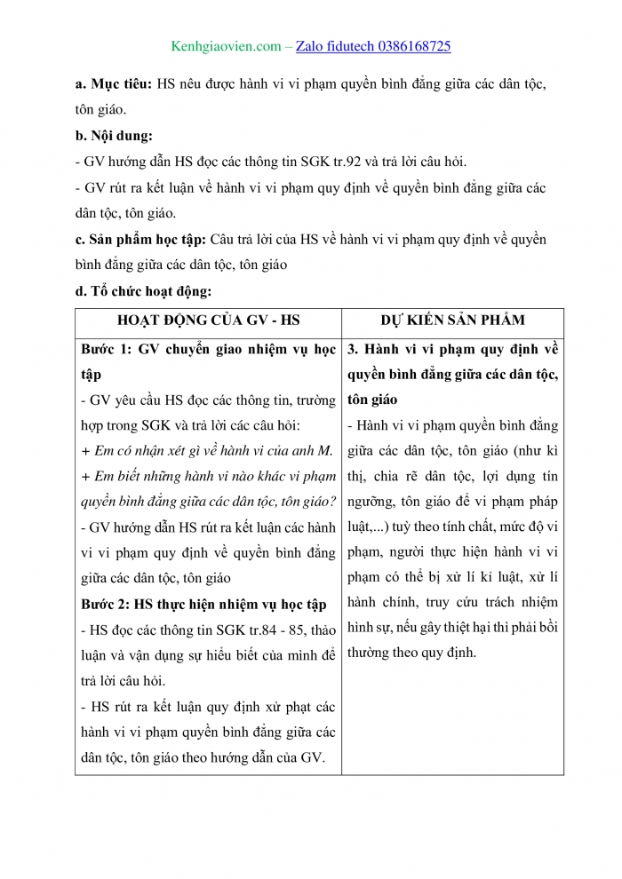 Giáo án và PPT Kinh tế pháp luật 11 chân trời Bài 12: Quyền bình đẳng giữa các dân tộc, tôn giáo