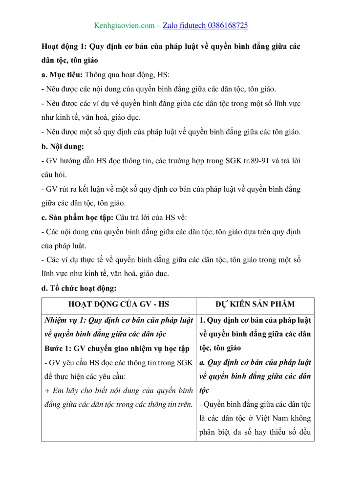 Giáo án và PPT Kinh tế pháp luật 11 chân trời Bài 12: Quyền bình đẳng giữa các dân tộc, tôn giáo