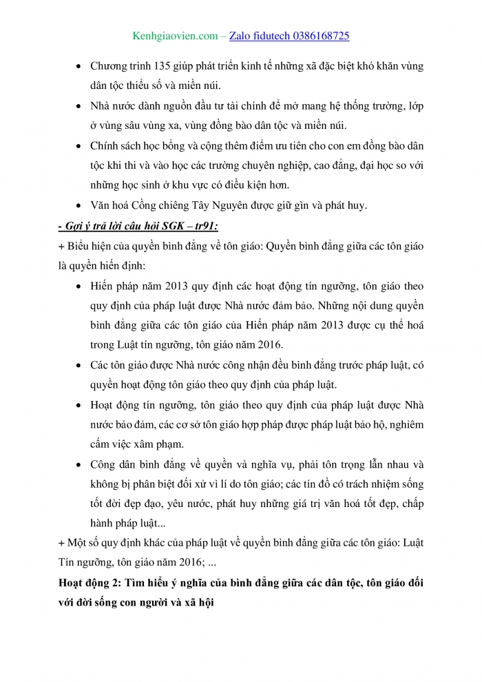 Giáo án và PPT Kinh tế pháp luật 11 chân trời Bài 12: Quyền bình đẳng giữa các dân tộc, tôn giáo