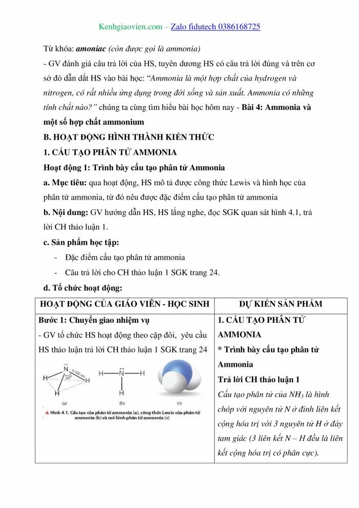 Giáo án và PPT Hoá học 11 chân trời Bài 4: Ammonia và một số hợp chất ammonium