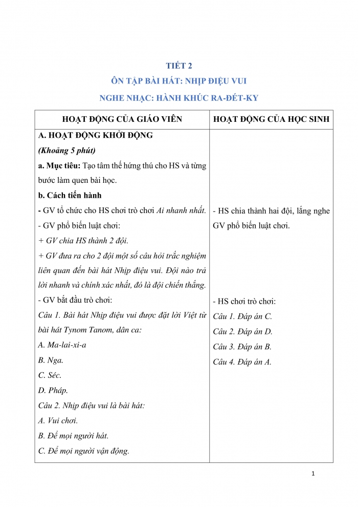 Giáo án và PPT Âm nhạc 3 cánh diều Tiết 2: Ôn tập bài hát Nhịp điệu vui, Nghe nhạc Hành khúc Ra-đét-ky