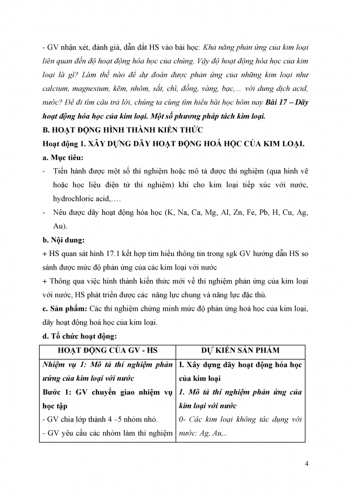 Giáo án và PPT KHTN 9 chân trời Bài 17: Dãy hoạt động hóa học của kim loại. Một số phương pháp tách kim loại