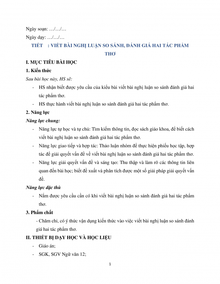 Giáo án và PPT Ngữ văn 12 chân trời bài 1: Viết bài văn nghị luận so sánh, đánh giá hai tác phẩm thơ