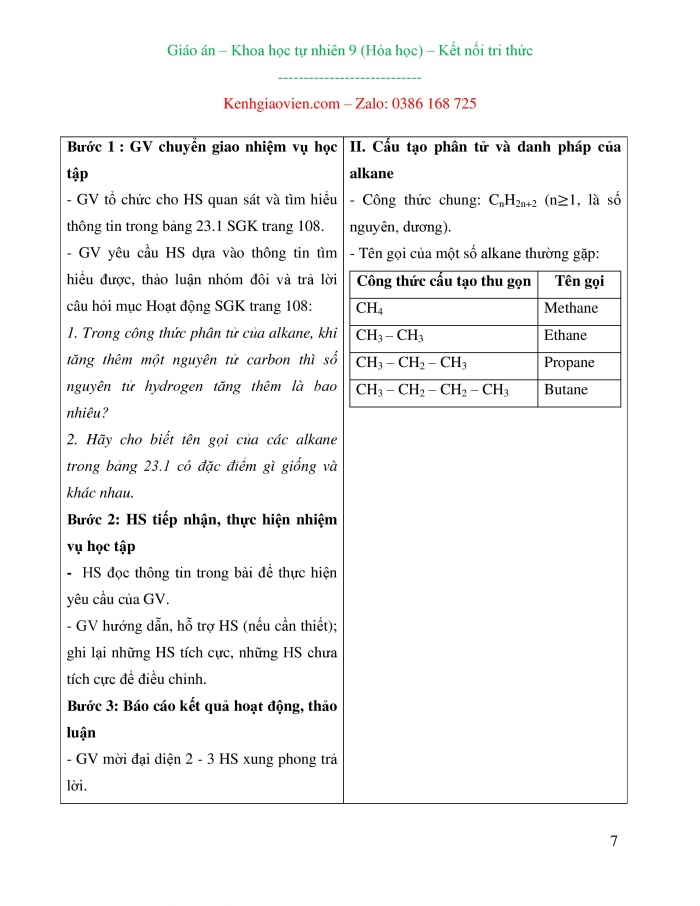 Giáo án và PPT KHTN 9 kết nối bài 23: Alkane