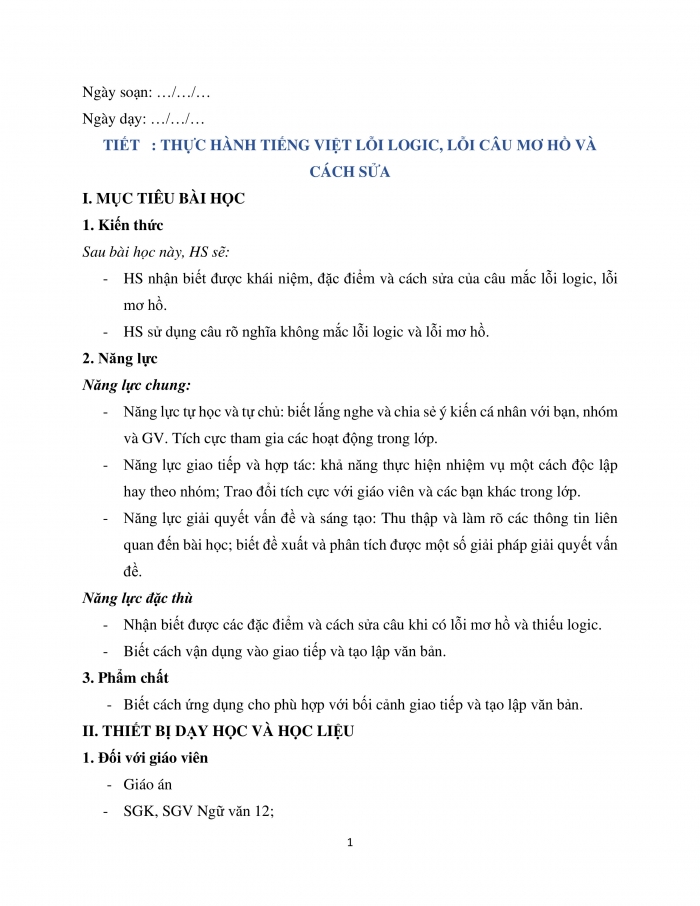 Giáo án và PPT Ngữ văn 12 cánh diều bài 2: Lỗi lô gích, câu mơ hồ và cách sửa