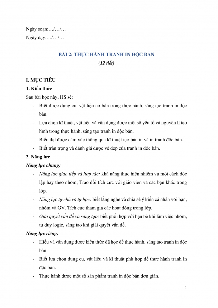 Giáo án và PPT Mĩ thuật 12 Đồ hoạ (tranh in) Kết nối Bài 2: Thực hành tranh in độc bản