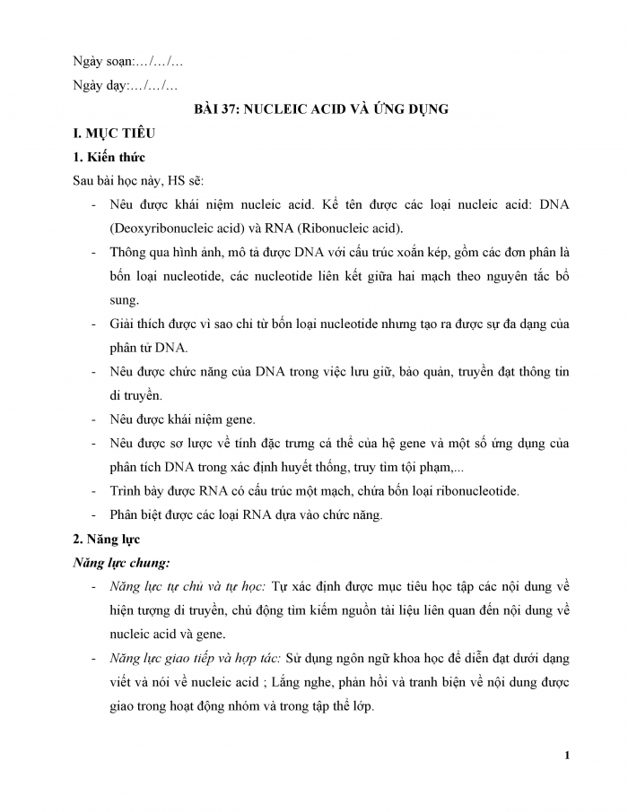 Giáo án và PPT KHTN 9 chân trời Bài 37: Nucleic acid và ứng dụng