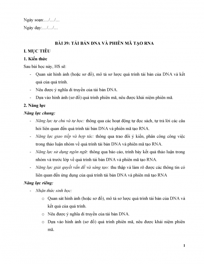 Giáo án và PPT KHTN 9 kết nối Bài 39: Tái bản DNA và phiên mã tạo RNA