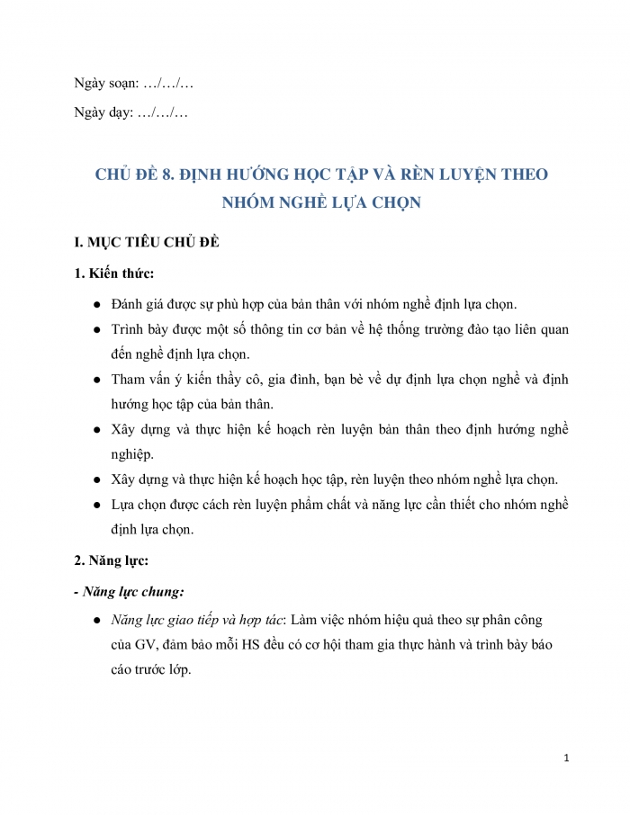 Giáo án và PPT Hoạt động trải nghiệm 10 chân trời bản 1 Chủ đề 8: Định hướng học tập và rèn luyện theo nhóm nghề lựa chọn