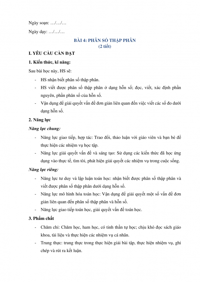 Giáo án và PPT Toán 5 Chân trời bài 4: Phân số thập phân