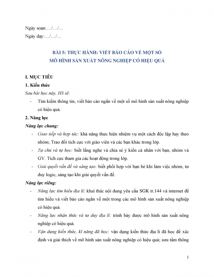 Giáo án và PPT Địa lí 9 chân trời bài 5: Thực hành Viết báo cáo về một số mô hình sản xuất nông nghiệp có hiệu quả