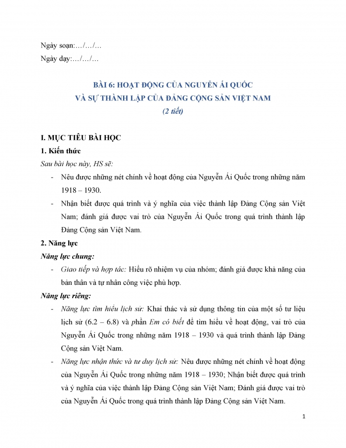 Giáo án và PPT Lịch sử 9 chân trời bài 6: Hoạt động của Nguyễn Ái Quốc và sự thành lập Đảng Cộng sản Việt Nam