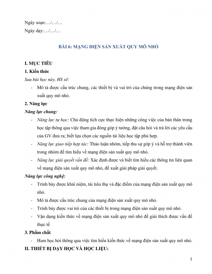 Giáo án và PPT công nghệ 12 điện - điện tử Kết nối bài 6: Mạng điện sản xuất quy mô nhỏ