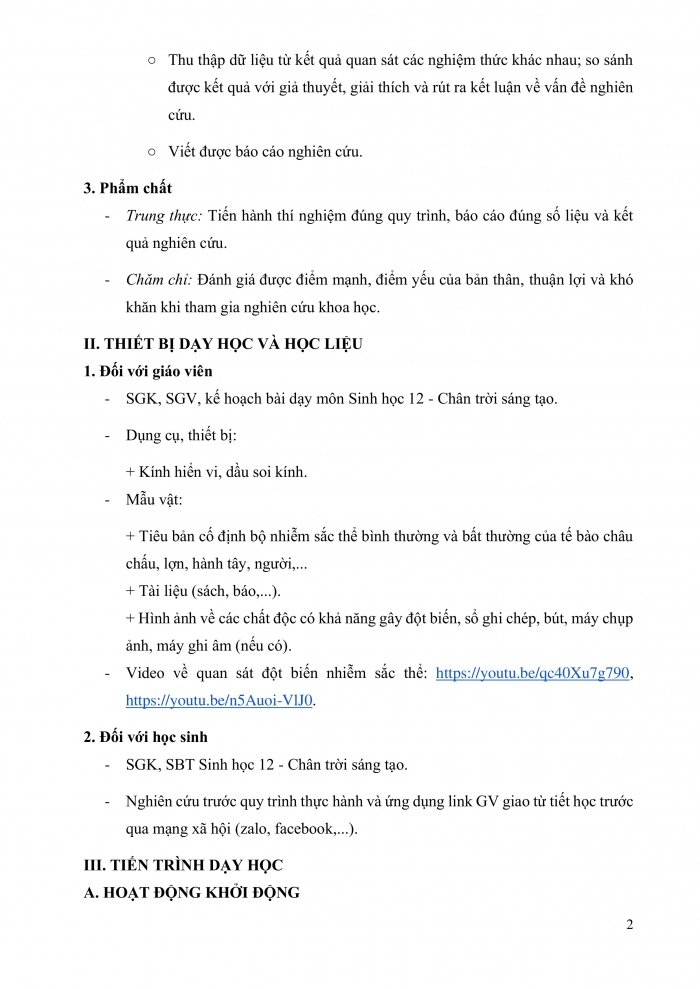 Giáo án và PPT Sinh học 12 chân trời bài 6: Thực hành Quan sát đột biến nhiễm sắc thể; Tìm hiểu tác hại gây đột biến của một số chất độc