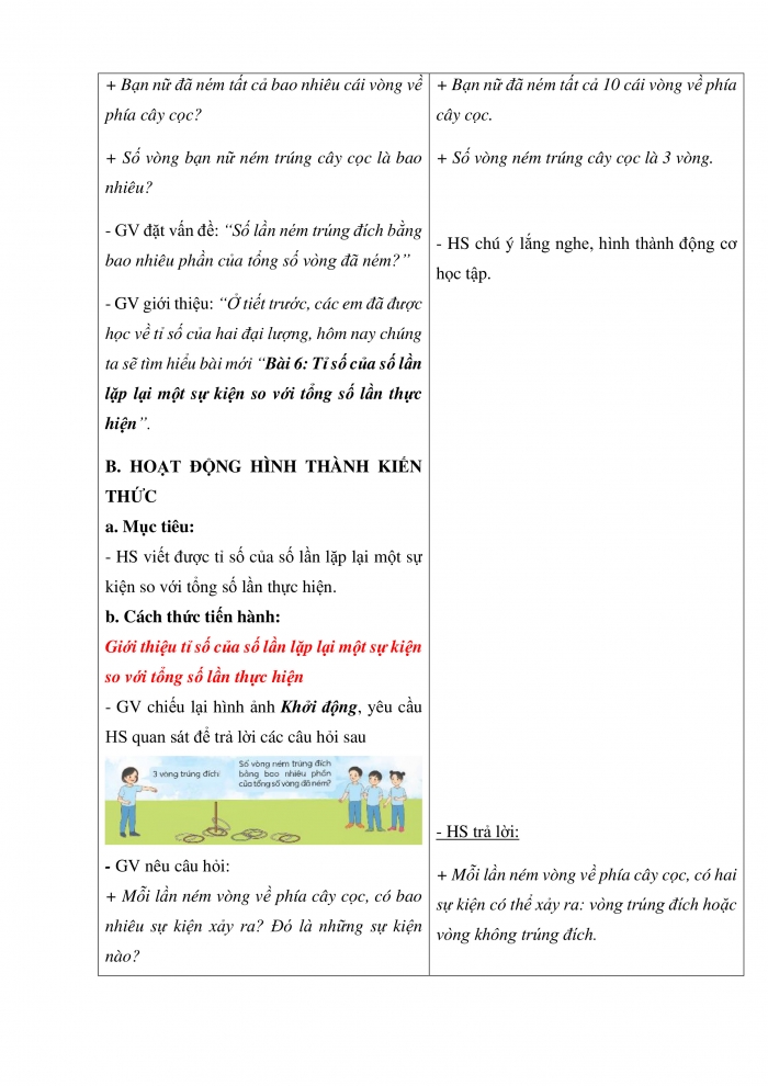 Giáo án và PPT Toán 5 Chân trời bài 6: Tỉ số của số lần lặp lại một sự kiện so với tổng số lần thực hiện