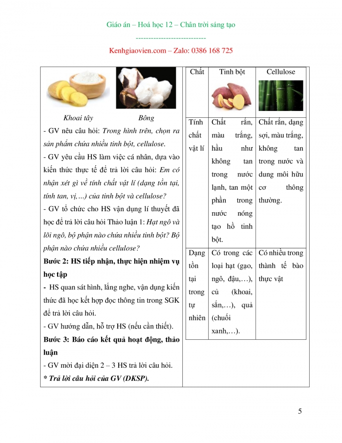 Giáo án và PPT Hoá học 12 chân trời bài 5: Tinh bột và cellulose